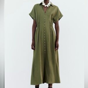 Zara Olive Green Linen Button Front Midi dress, size M